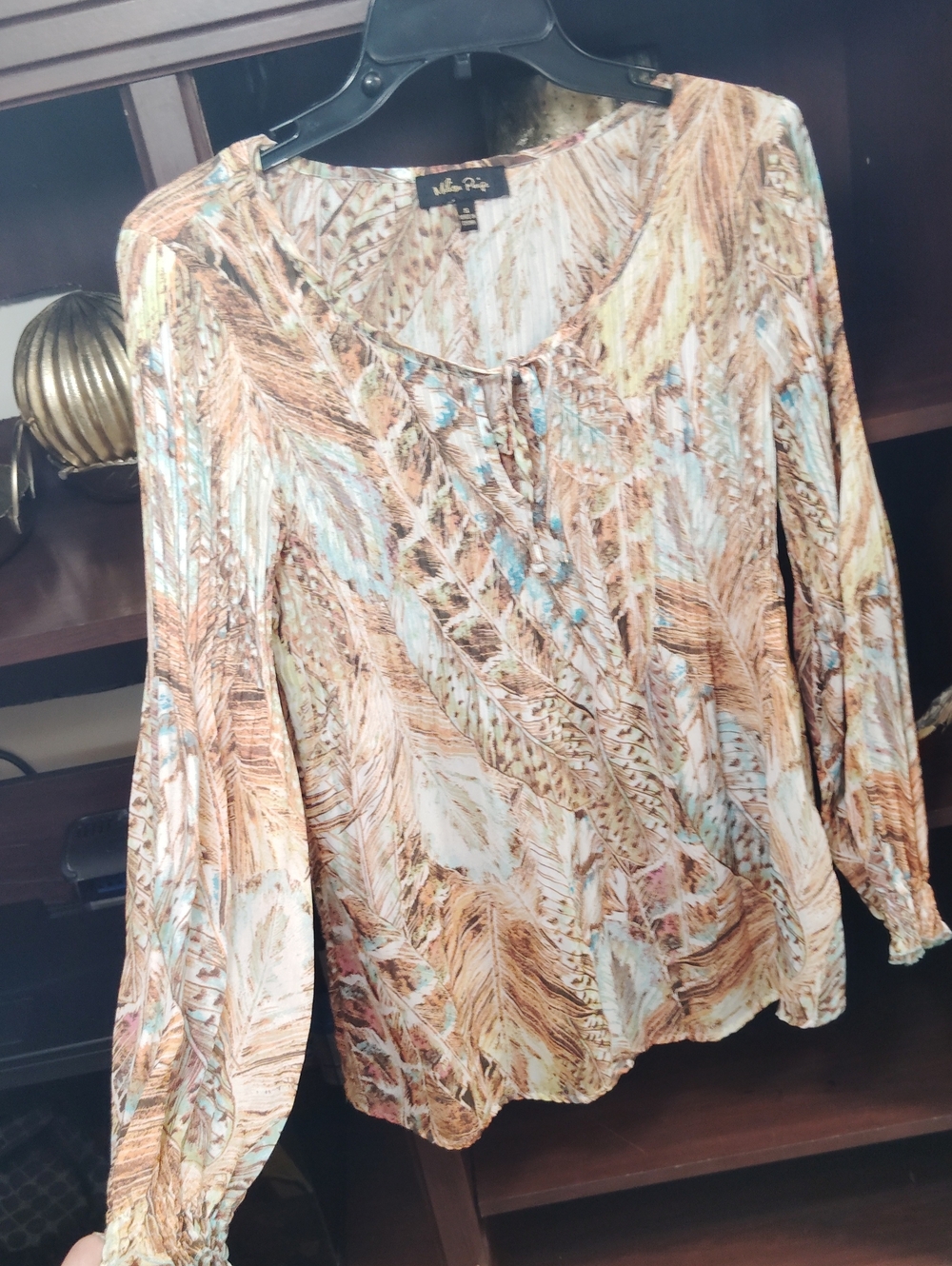 Melissa Paige Brown & Aqua Feather-Print Long Sleeve Blouse
